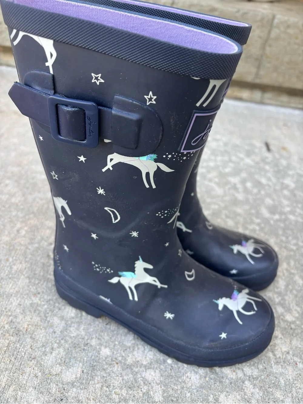 Girls Navy Unicorn Rain Boots with Purple Lining